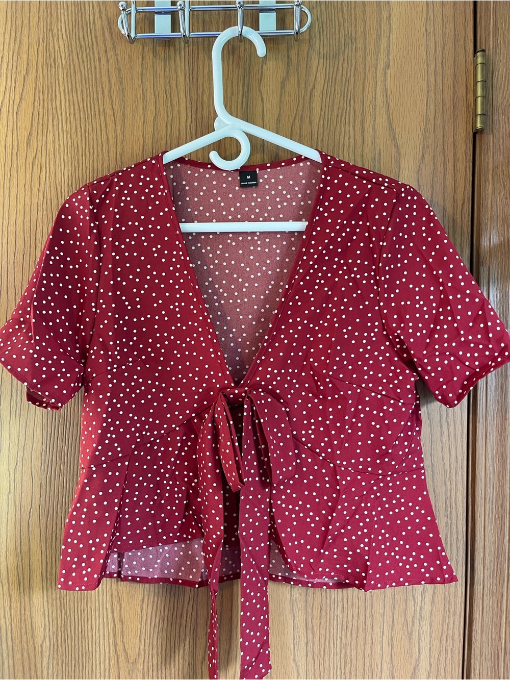SHEIN Red Polka Dot Tie-Front Blouse